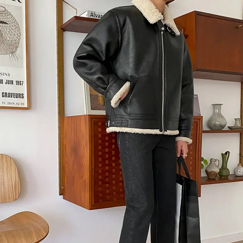 Men's Fur Leather Jacket Patchwork