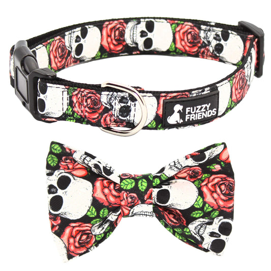 Sugar Skull & Roses Bow Dog Collar