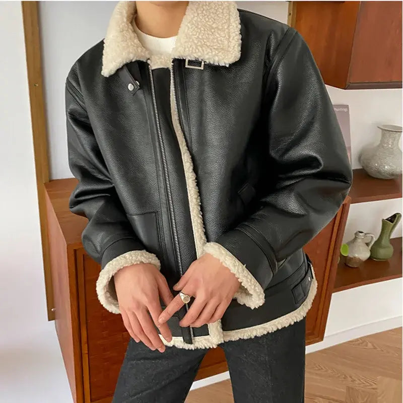 Men's Fur Leather Jacket Patchwork